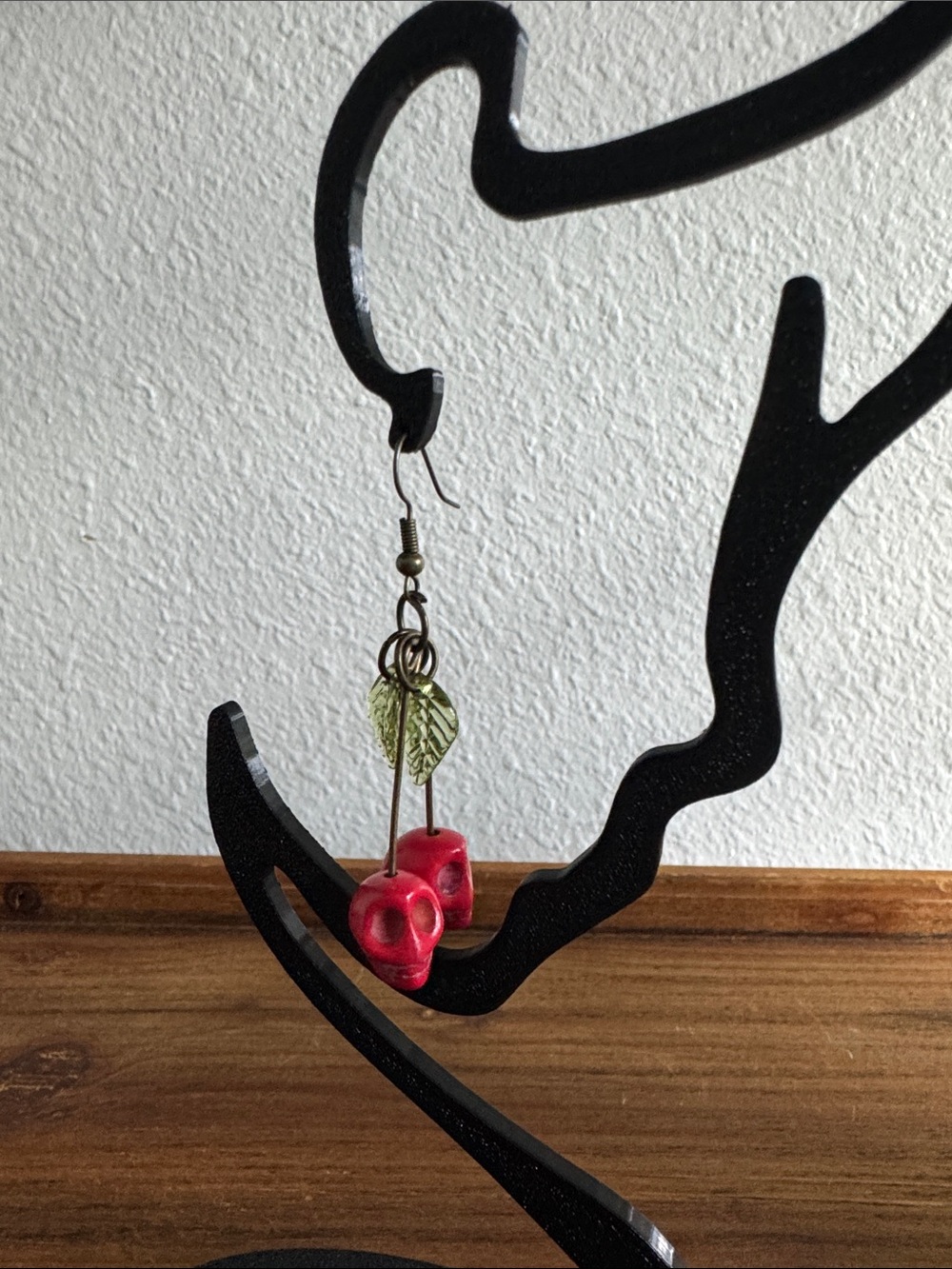 Handcrafted Red Cherry 🍒 Skull Drop Earrings with Leaf Accent